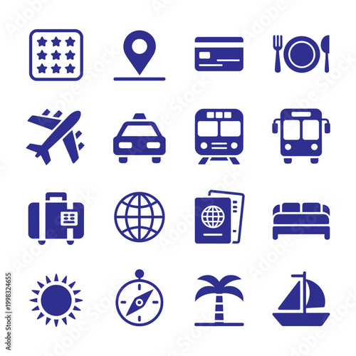 Set of travel icons including airplane, taxi, train, bus, airplane, globe, passport, bed, sun, compass, palm tree, sailboat, and more.
