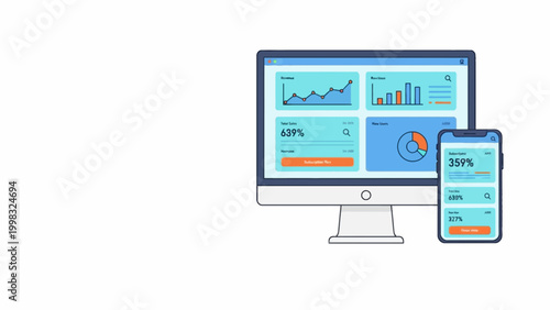 Modern digital dashboard displaying financial data and progress charts on computer monitor and smartphone screens, illustrating business analytics and performance tracking