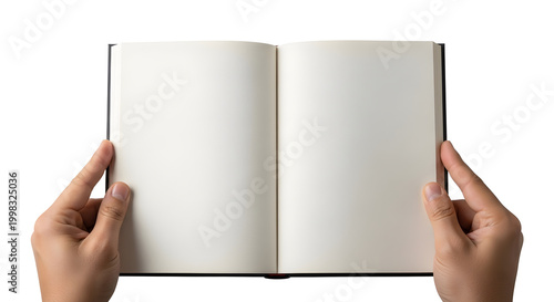 A pair of hands holding an open book with blank pages.