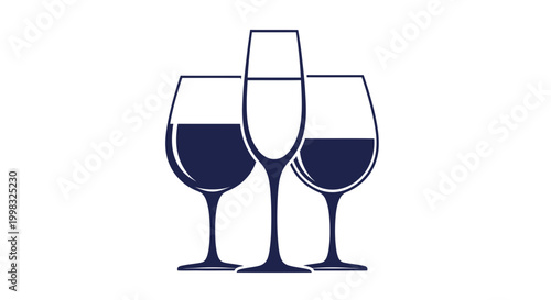 Three wine glasses with red wine and champagne, minimalist icon
