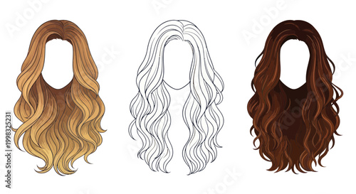 Three hairstyles: blonde ombre, sketch, and dark brown wavy hair