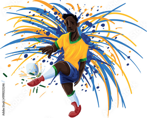 Jogador de futebol brasileiro chutando bola com explosão de cores azul e amarelo