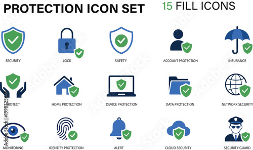 Protection Icon Set. Security, Data Protection, Cyber Safety, Insurance and Shield Editable Vector Fill Icons Collection
