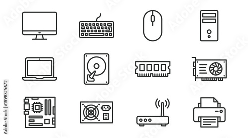 Computer hardware icons vector set featuring modern devices and components