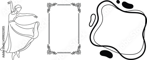 elegant dancer outline with decorative floral frame abstract shape composition cad drawing flat vector illustration isolated artistic design set