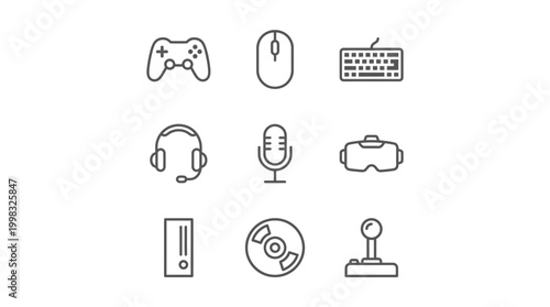 Gaming icons controller mouse keyboard headset microphone vr isolated set