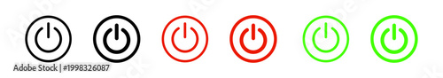 Outline thin and thick power button on and off icons in black, red, and green represent the concept of power control, symbolizing on and off states, isolated on a transparent background for versatile 