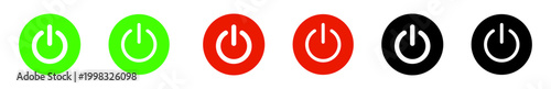 Power button on and off thin and thick icons in green, red, and black represent on and off states, symbolizing control and functionality, isolated on a white background for versatile use.