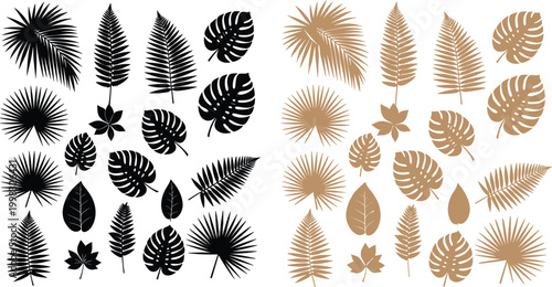 Abstract botanical leaf illustrations in black and gold color scheme with tropical and fern shapes vector collection.
