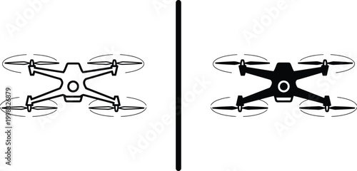 Modern Flying Quadcopter Drone Vector Icon Set for Aerial Photography Surveillance and Remote Control Technology