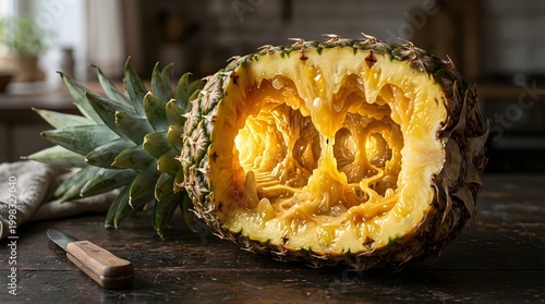 Surreal Pineapple Cave with Glowing Golden Interior on Rustic Wooden Table - Conceptual Food Art Photography.