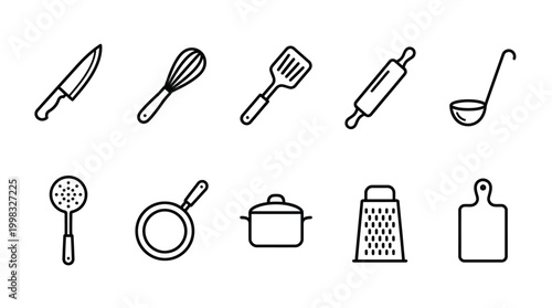 Kitchen utensils set line art illustrations for culinary projects