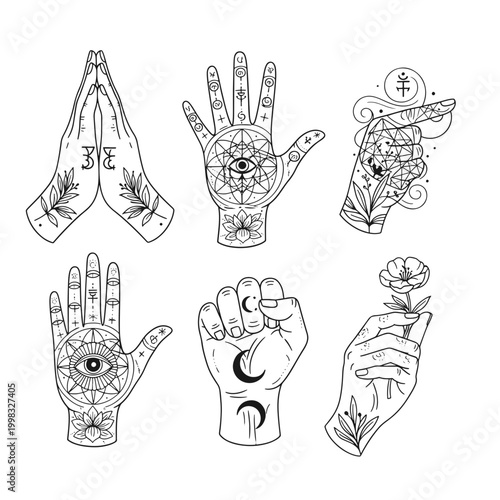 Mystic Hand Prayer with Eye and Moon Symbols