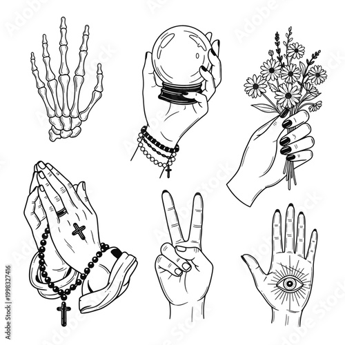 Mystical Hands Collection Prayer Crystal Ball Peace Sign and Eye of Providence