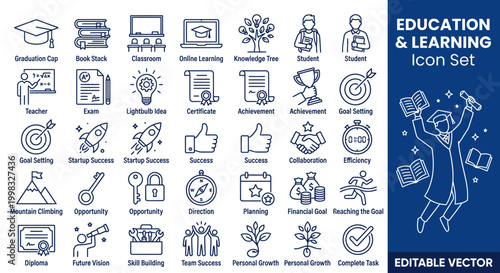 Mega Pack Icon Set Vector Education and goal setting line, professional success and academic achievement illustrations