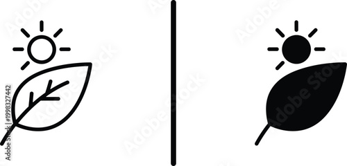 Leaf and Sun Ecology Icon Outline and Solid Nature Vector Set