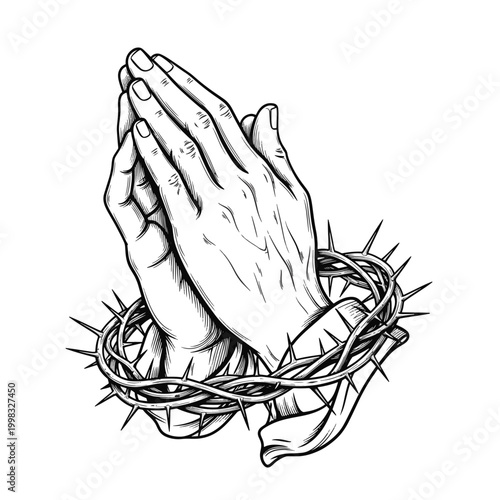 Praying Hand with Crown of Thorns Religious Symbol
