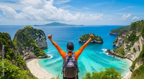 Happy summer day woman celebrating freedom with arms raised on tropical beach