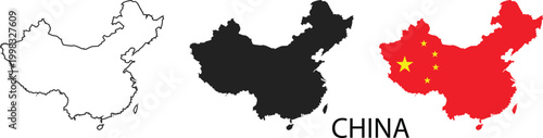 China map vector set with outline, solid silhouette and flag filled design, detailed country shape illustration, geographic icon collection for infographic, travel, education and political use