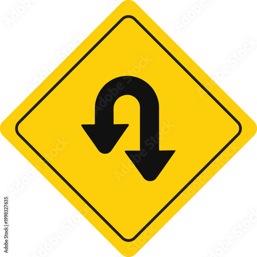 Hairpin turn road warning sign vector with yellow diamond shape and double arrow symbol, sharp curve traffic symbol illustration for safety, driving caution, transport signage and navigation design