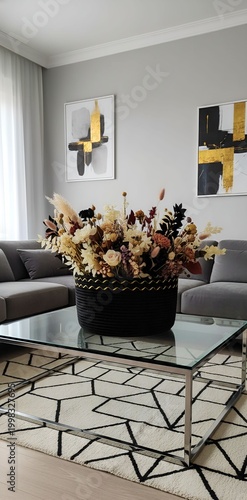 Cestos florales decorativos en mesa de salón elegante