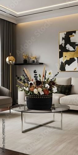 Cestos florales decorativos en mesa de salón elegante
