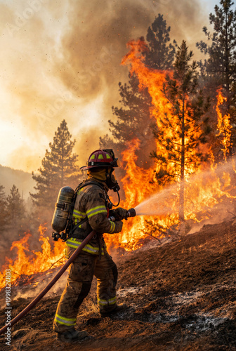 Action shot of firefighter battling forest wildfire with hose, flames and smoke, symbolizing heroism, emergency response, climate change and disaster relief