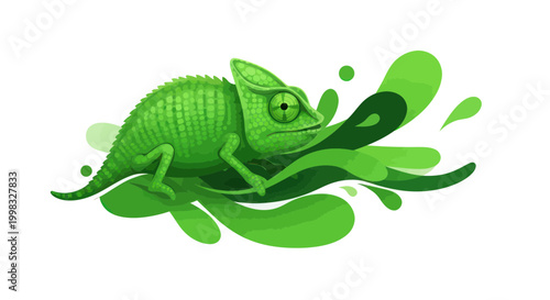 Green Chameleon on Abstract Organic Shapes, Camouflage Concept, Vector Illustration