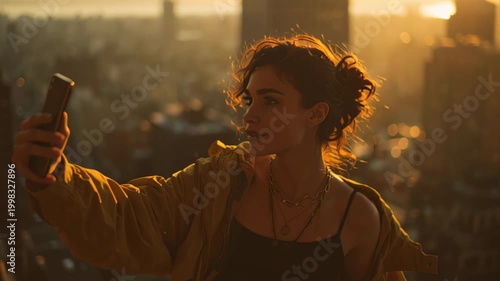 Cinematic footage of a young woman taking a selfie with a smartphone on a rooftop at golden hour, with an urban skyline in the background and warm sunset light