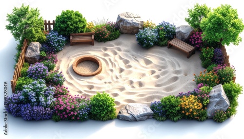 Kids-Friendly Backyard Garden Layout with Sandbox and Playful Elements, Top View Minimal Design