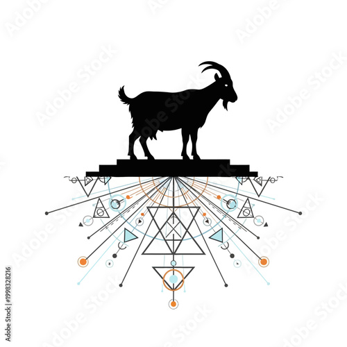 Geometric goat silhouette, mystical symbols, bohemian illustration, abstract background