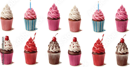Realistic Cupcake Collection with Cream Frosting Cherry and Chocolate Toppings Sweet Dessert Vector Illustration Set for Bakery Menu and Celebration Design.