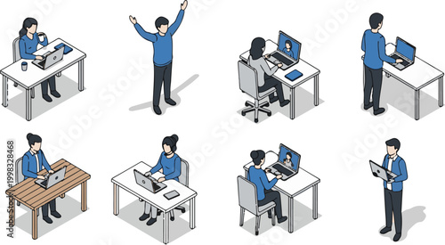 Isometric Set of People Working from Home Using Laptops and Video Conferencing