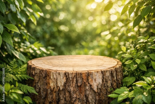 Natural wooden tree stump podium in the middle of a lush green forest with soft sunlight filtering through the leaves creating a peaceful atmosphere