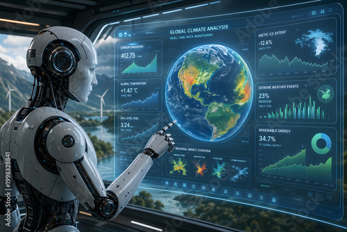 Digital Earth's Future: A futuristic android analyzes global climate data on a high-tech interface, envisioning a sustainable future for Earth. 
