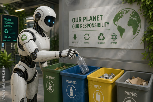 Robotic Environmental Stewardship: A sleek, intelligent robot demonstrates environmental responsibility by sorting waste for recycling.