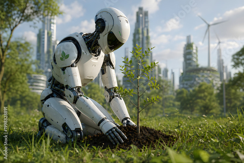 Harmony of Technology and Nature: An advanced robot diligently plants a tree in a lush green field, symbolizing the union of technology and environmental sustainability.
