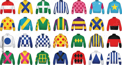 Horse Racing Jockey Silks Icon Set with Colorful Uniform Patterns Stripes Diamonds Stars and Checks Vector Collection for Sports Betting and Equestrian Design