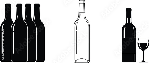 Wine Bottle Silhouette Set with Glass Icons Collection Minimal Black Vector Illustrations for Alcohol Beverage Branding Packaging Bar Menu and Restaurant Designs