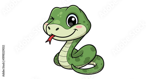Adorable green cartoon snake character winking with a charming smile and playful tongue, a friendly reptile illustration perfect for children's designs