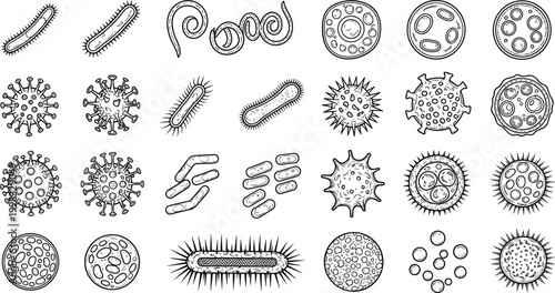 Hand Drawn Microorganisms Set with Bacteria Virus Cells and Germ Shapes Sketch Style Vector Collection for Microbiology Science Medical and Educational Design