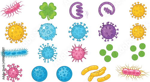 Colorful Virus and Bacteria Icon Set with Microorganisms Germ Cells Infection Shapes Medical Science Vector Collection for Healthcare Biology and Microbiology Design