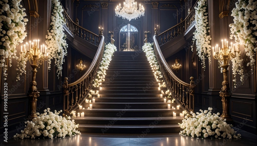 Obraz premium A luxurious grand staircase in a classic mansion interior decorated with elegant white floral arrangements and glowing candle light ambiance.