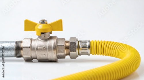 Gas ball valve with yellow handle and flexible corrugated yellow hose on white background.