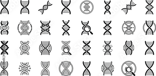 DNA Helix Icon Mega Set with Genetic Symbols Variations Genome Research Biology Science Line Vector Collection for Medical Laboratory and Biotechnology Design