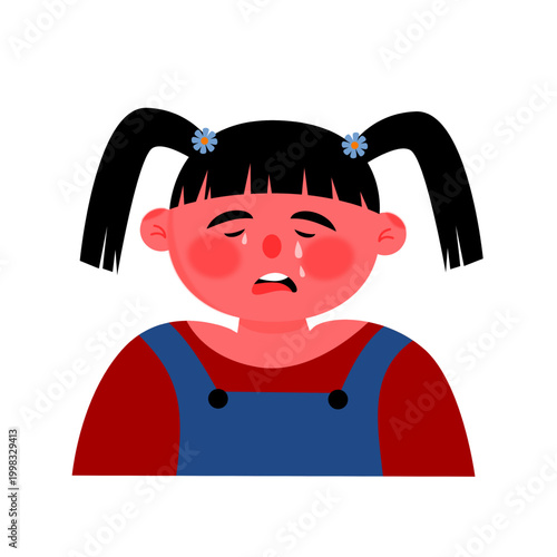 Illustration of little girl sad and crying isolated white background. Anxiety in children illustration.