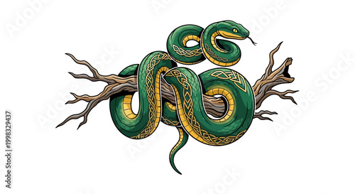 Intricate Celtic Knot Serpent Coiled Around a Gnarled Branch, Symbolizing Wisdom and Transformation