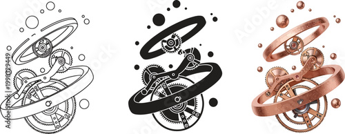 Abstract mechanical movement intricate clockwork gears and rings conceptual design for time or innovation isolated on white