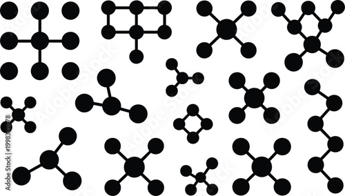 Abstract Black Molecular Structures and Geometric Patterns on White Background molecule atom