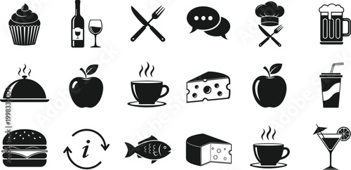 Food and Beverage Icon Set with Coffee Burger Wine Cheese Apple and Restaurant Symbols Solid Black Vector Collection for Menu Catering and Hospitality Design